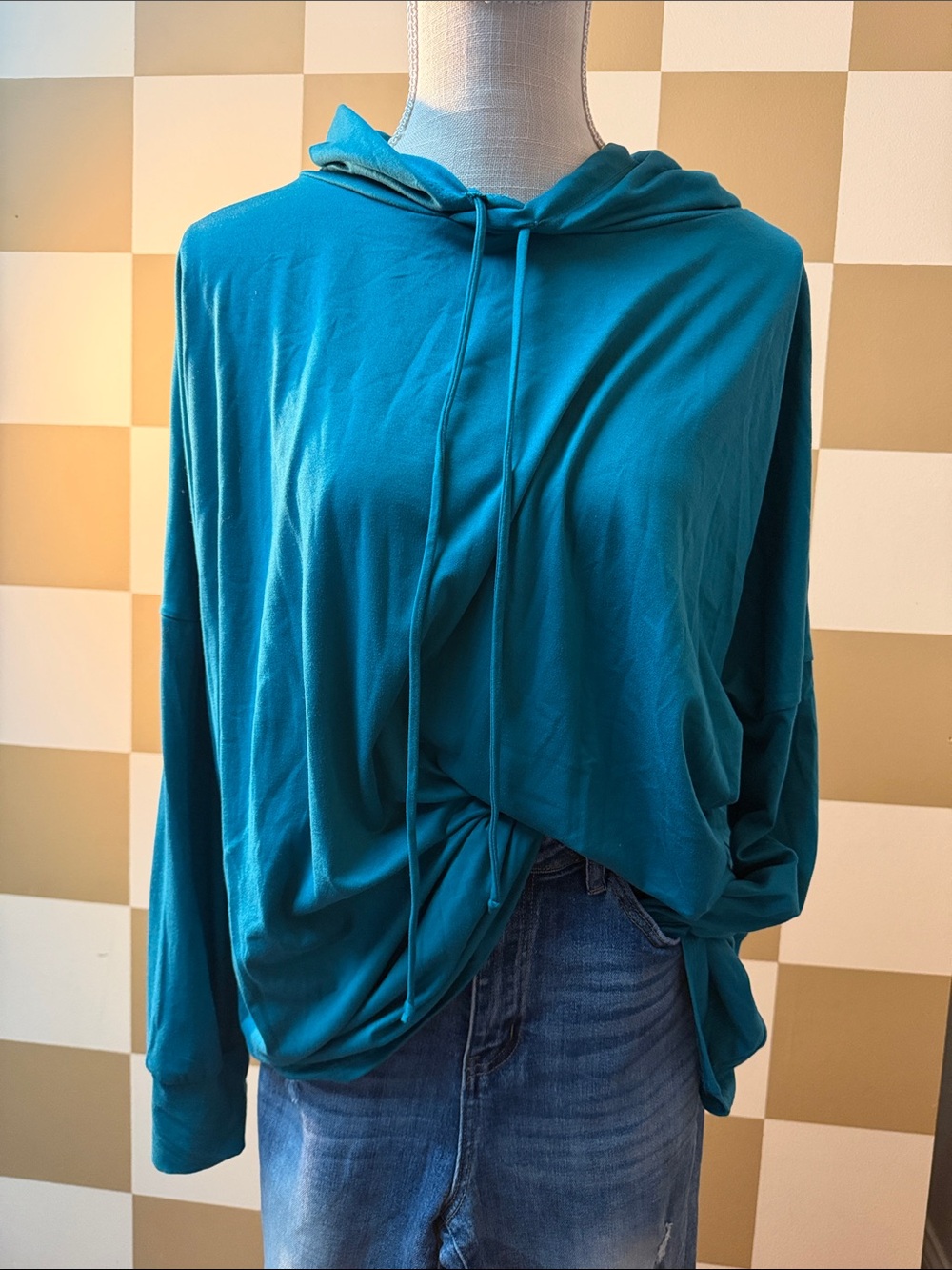 Women's Teal Hooded Long-Sleeve Top with Front Knot